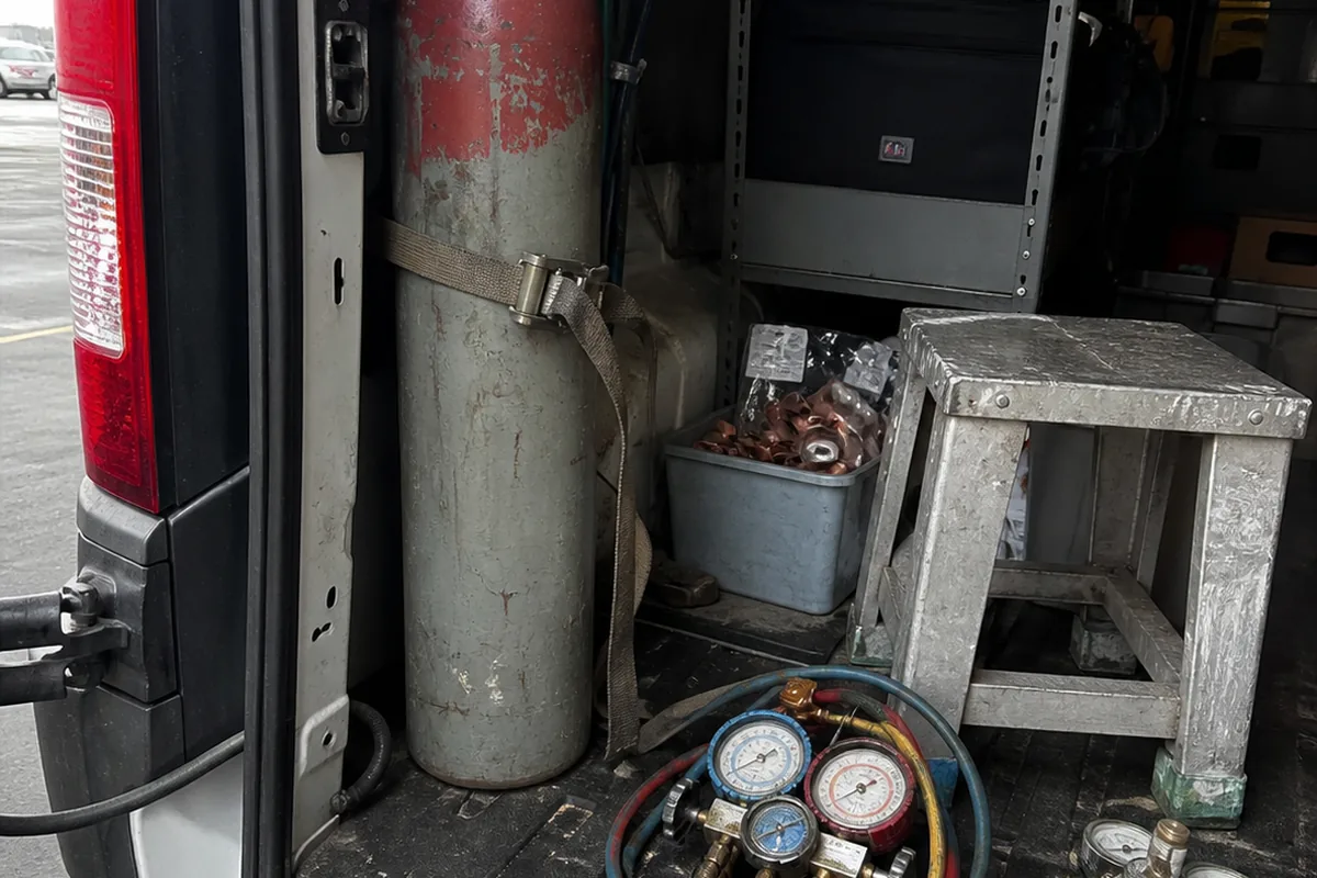 A gas cylinder strapped upright in the back of a service van, beside a manifold gauge set, a bin of copper fittings, and a step stool.