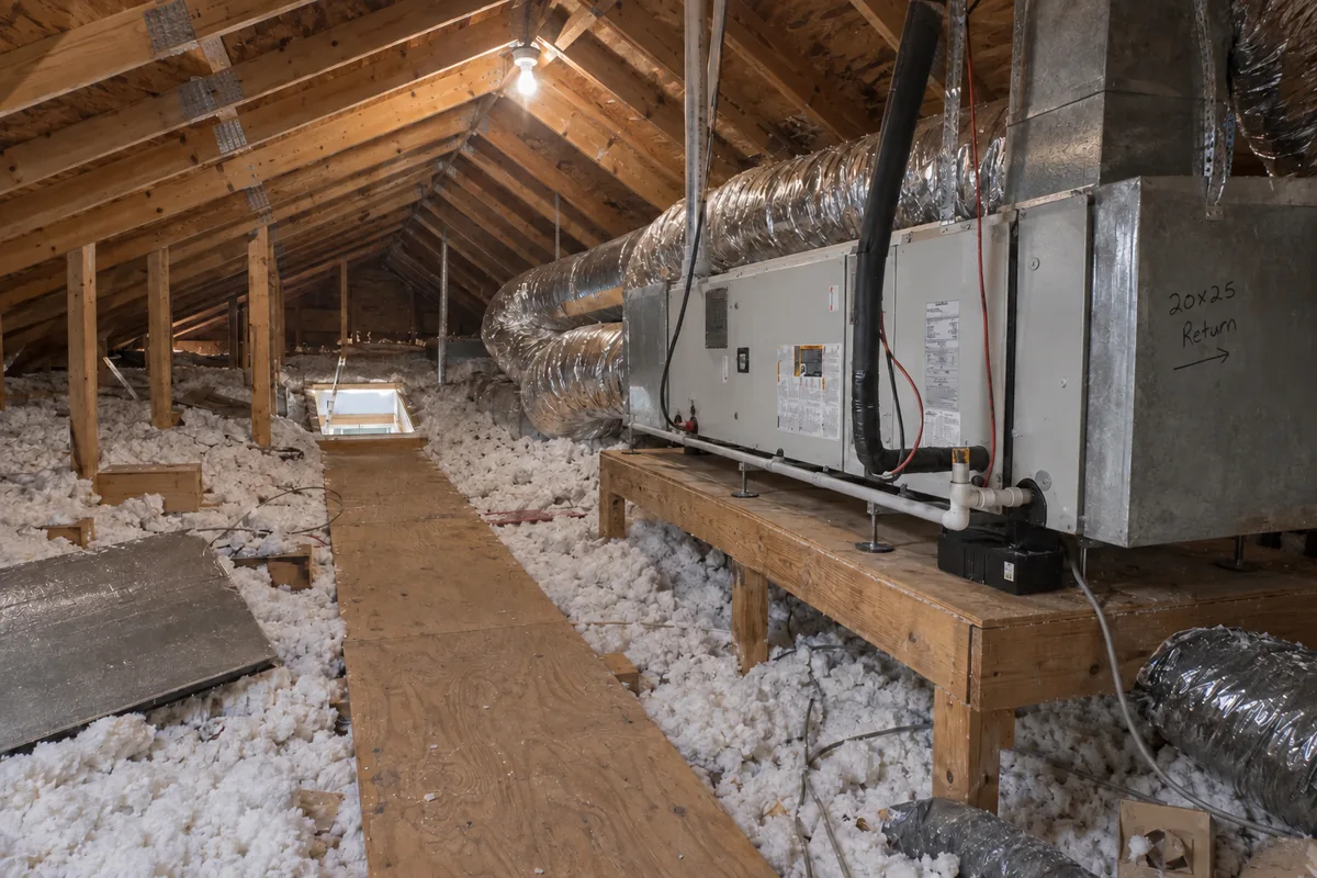 An air handler sitting on a platform in an unfinished attic, surrounded by blown-in insulation, with a narrow run of plywood decking leading back toward the access hatch and flex duct connected at the plenum.