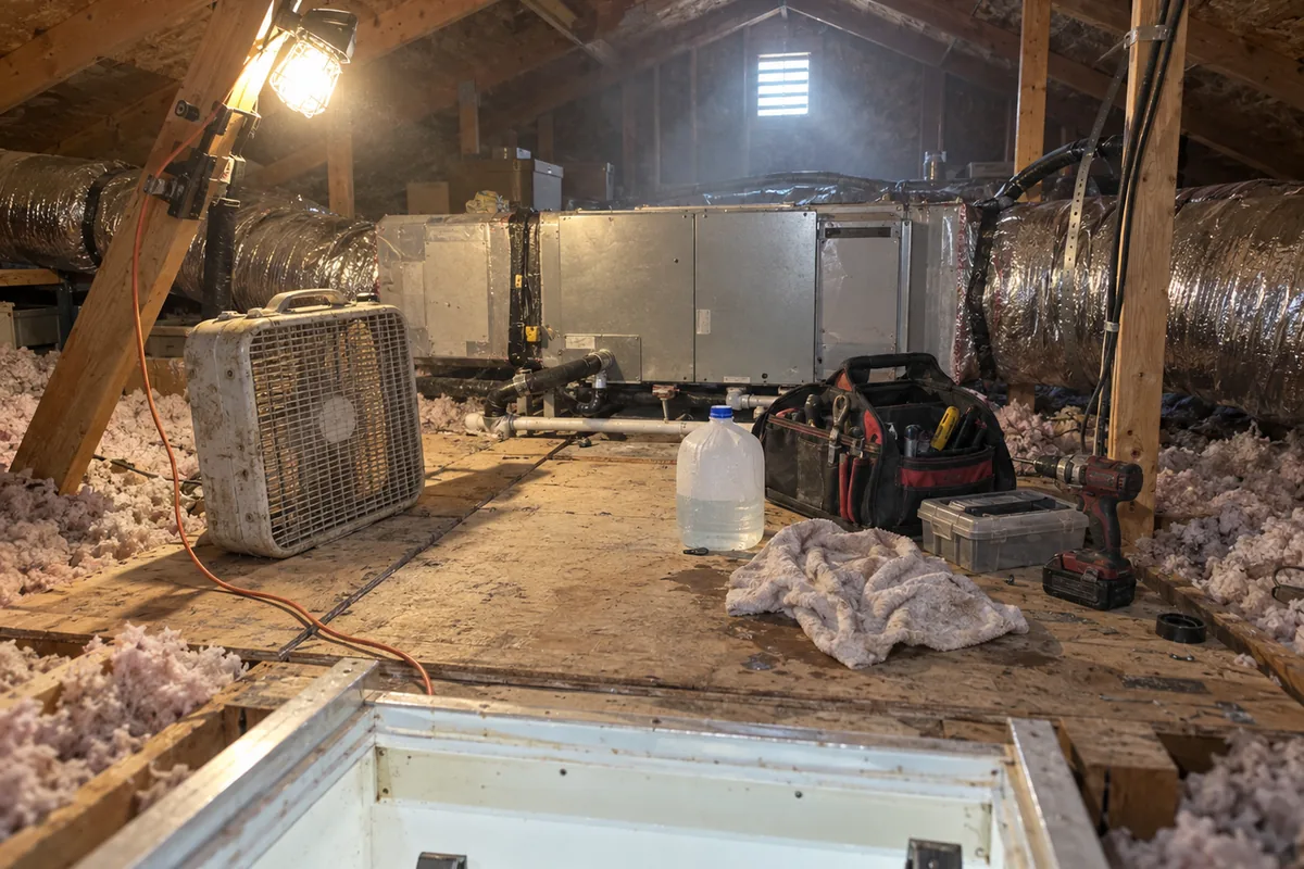 A residential attic seen from the access hatch, a galvanized horizontal air handler on a plywood platform between joists with insulated flex duct running off both sides, a clamp-on work light on a rafter, a battered box fan on an extension cord, and a half empty water jug and damp towel beside an open tool bag.
