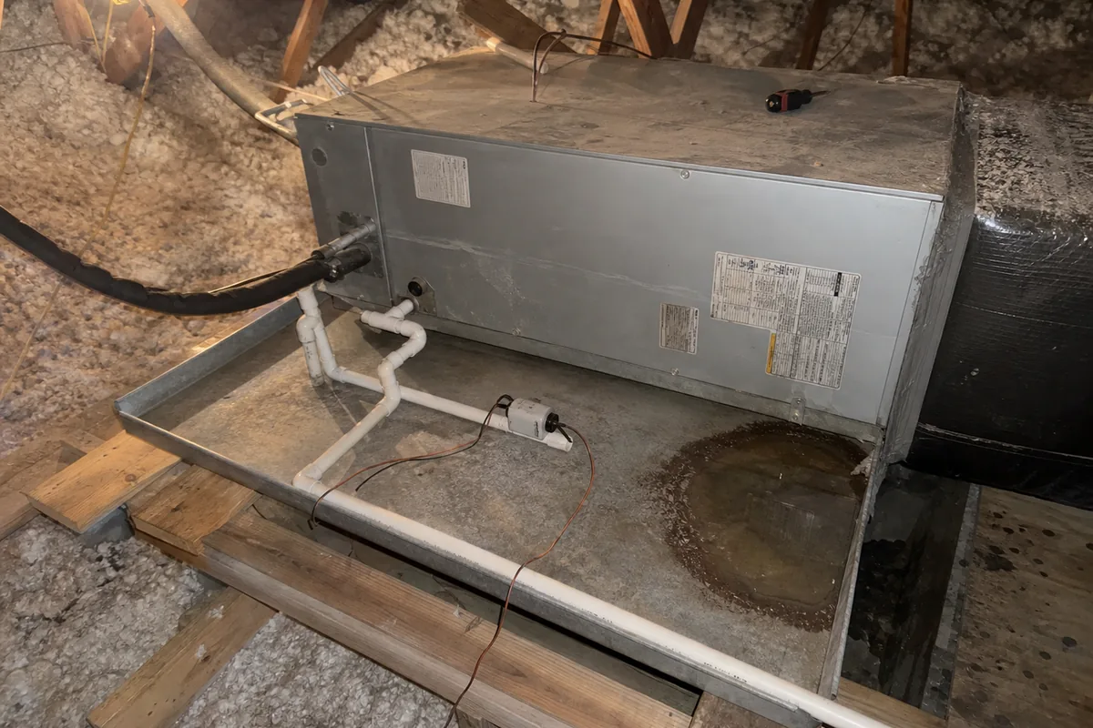 Air handler sitting in a secondary drain pan in an attic, with PVC condensate lines and a small float switch on the line.