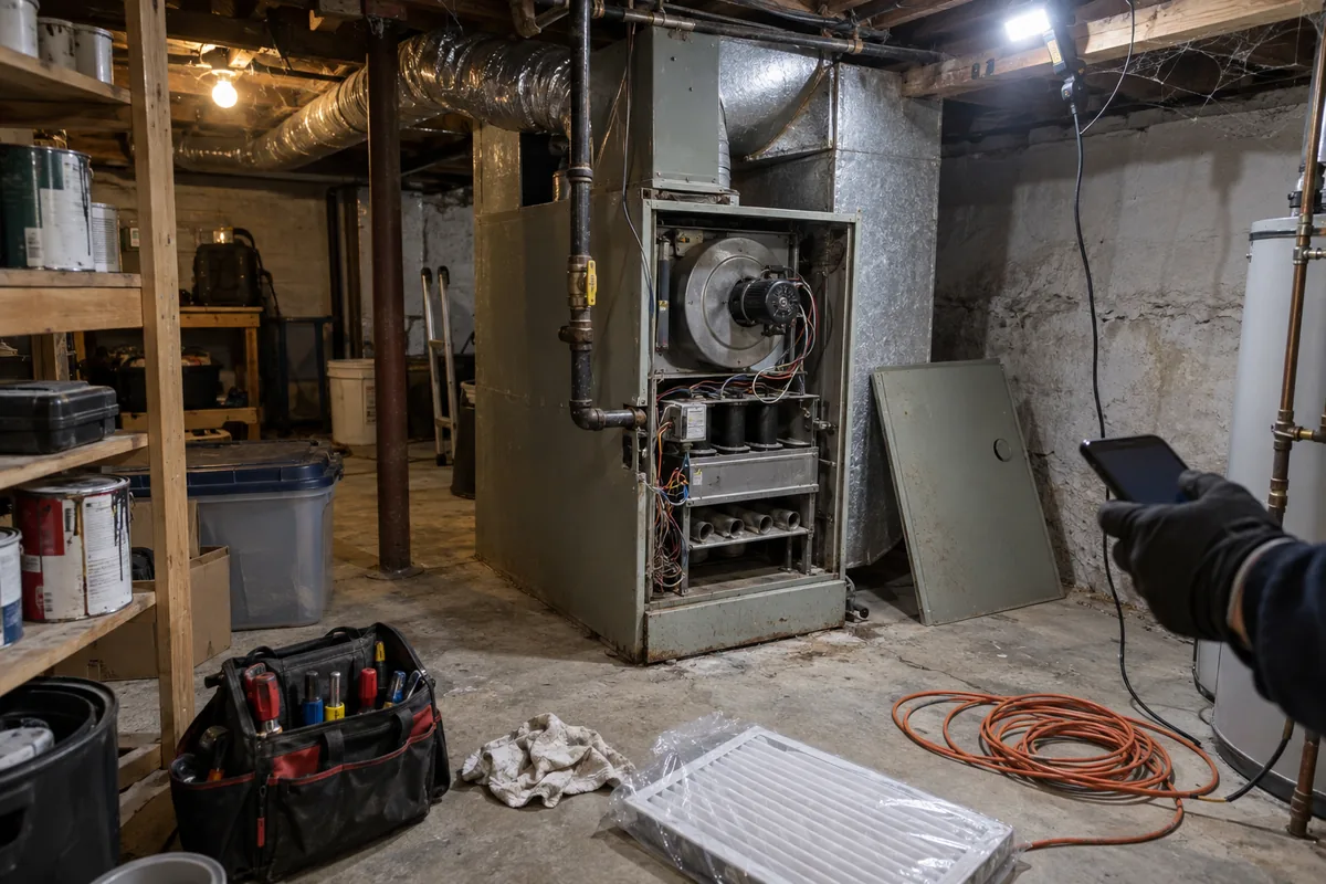 A technician's hand holding a phone beside an open gas furnace cabinet in a cluttered basement utility space, with the blower compartment exposed, flex duct and gas piping overhead, a toolbag and shop rag on the concrete floor, lit by a single bare bulb and a work light.