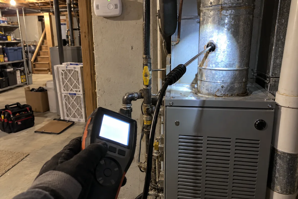 A basement furnace flue with a gloved hand holding a handheld combustion analyzer, its probe in the flue test port, and a white carbon monoxide alarm on the wall above.