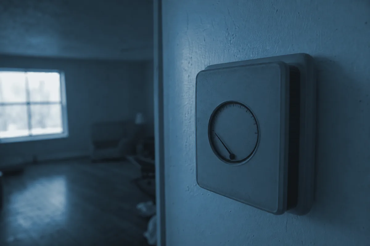 A residential thermostat on a wall reading a cold temperature in a dim winter room.