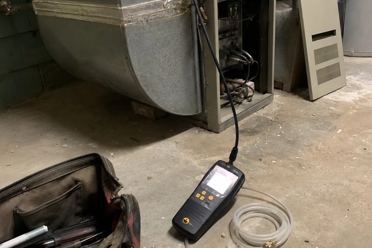 A handheld combustion analyzer with its probe inserted into a furnace flue pipe, readout facing up on a basement floor.
