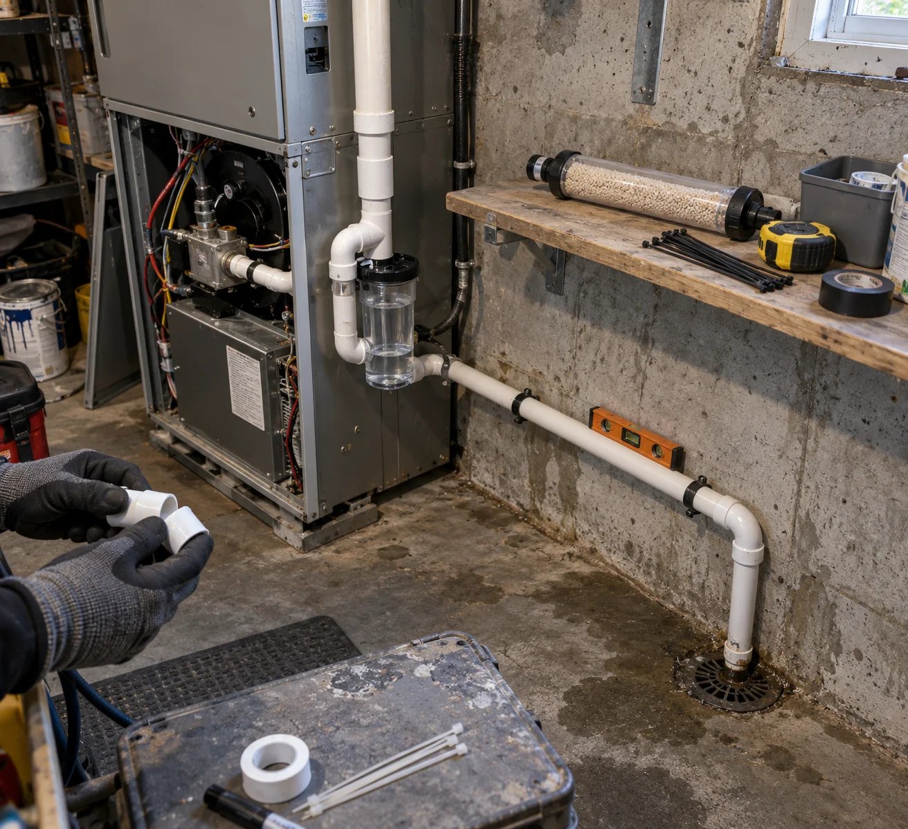 A condensing gas furnace in a cramped garage utility corner with its lower panel open, a clear condensate trap and white PVC drain line running along the wall to a floor drain, a small neutralizer tube lying on the shelf beside a tape measure, a torpedo level resting on the pipe, and a pair of gloved hands holding a short section of pipe.