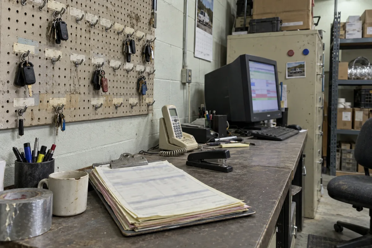 An empty corner of a small HVAC contractor's back office: a worn pegboard of truck key hooks with most hooks already empty, a beige cordless desk phone with a coiled cord, a clipboard holding a thick stack of carbon copy work orders, a stapler and a chipped coffee mug on a scratched desk, and a monitor angled away showing an out of focus colored scheduling grid, with a filing cabinet and parts shelving behind under flat fluorescent light.