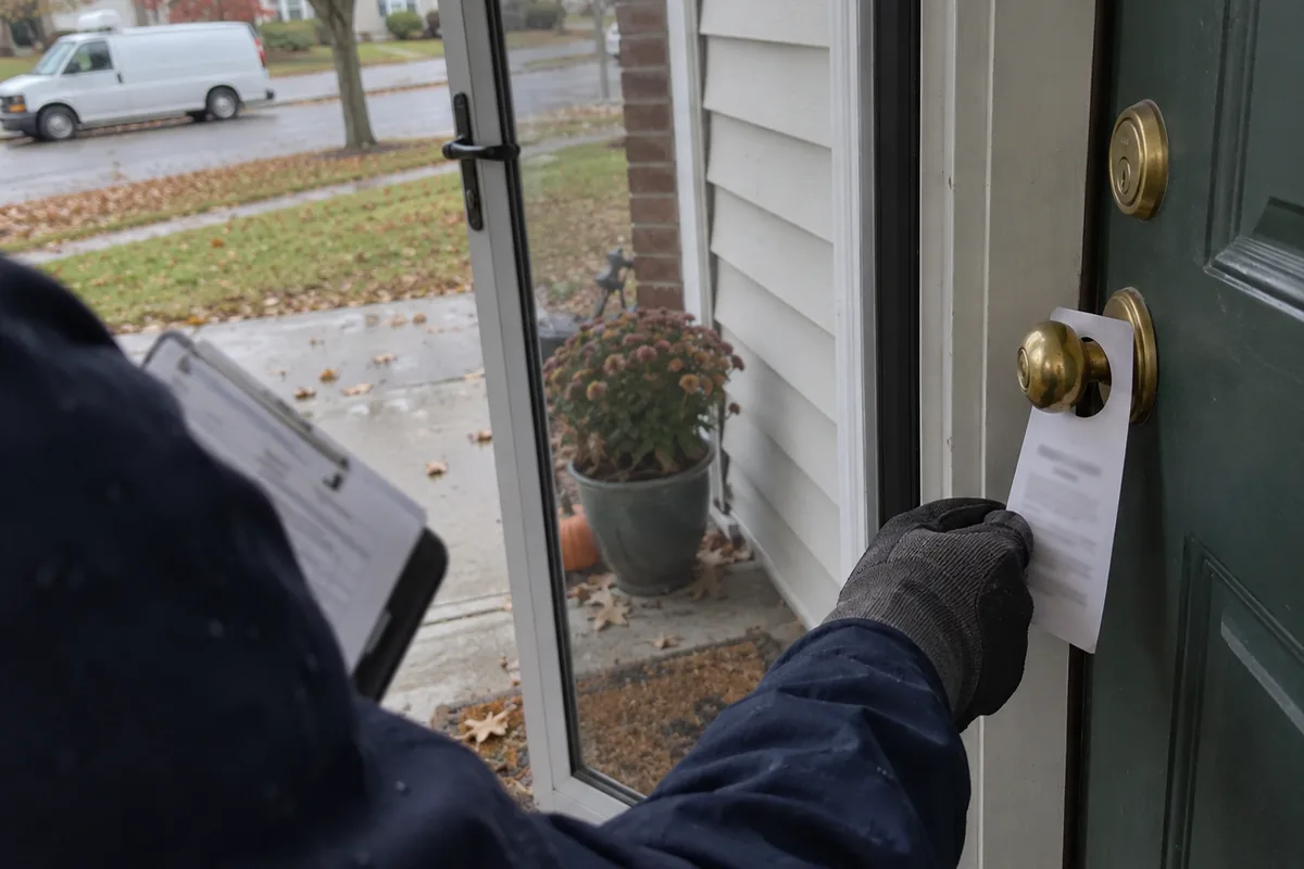 A technician's gloved hand in a navy work jacket hanging a blank paper door hanger on the brass knob of a closed green front door on an overcast fall morning, a clipboard under one arm, a potted mum and fallen leaves on the porch, and a plain white work van parked at the curb.