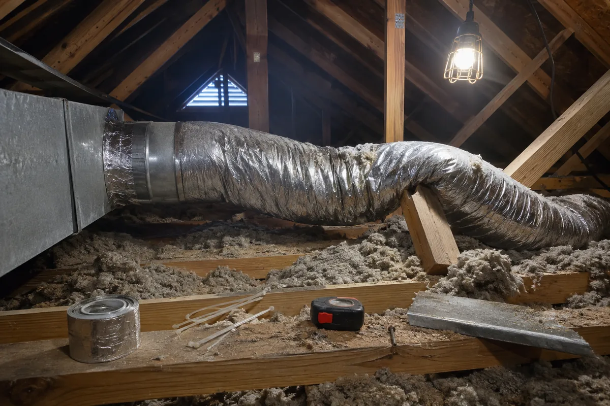 A run of insulated flexible duct in an unfinished attic, sagging and pinched where it crosses a truss chord, connected to a sheet metal trunk with a roll of foil tape and a work light on the joists nearby.