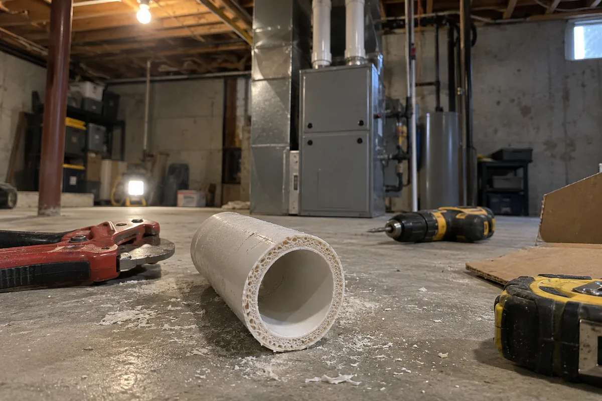 A short offcut of cellular core PVC pipe lying on a dusty basement floor with its cut end showing the foamed middle layer, a ratchet pipe cutter, cordless drill, and tape measure nearby, and a condensing gas furnace with two white PVC pipes rising toward the joists in the background.