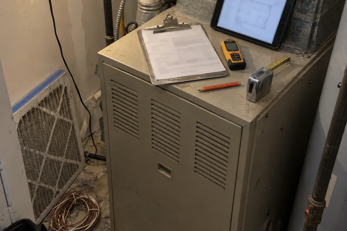The dusty top panel of an older beige gas furnace in a cramped residential utility closet, used as a work surface: a scratched aluminum clipboard holding a worksheet too blurred to read, a yellow laser distance meter, a steel tape measure pulled out a few inches, an orange carpenter pencil, and a tablet propped against the galvanized plenum showing an out of focus floor plan, with a filthy pleated filter leaning against the wall, a coil of old wire and a tool bag on the concrete floor under flat work light.