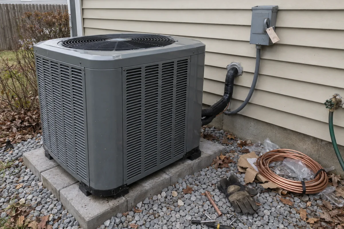 A newly installed outdoor condensing unit on concrete pavers set in grey gravel against the vinyl siding of a house, a small paper tag hanging from the grey disconnect box on the wall above it, flexible conduit running down to the unit and black taped foam insulation on the suction line at the wall penetration, a coiled roll of unused copper line set, a pair of scuffed leather work gloves, a nut driver and a few loose screws, torn cardboard and plastic packaging and a length of copper tubing on the gravel, dead leaves and a garden hose bib at the edge of frame, under flat overcast daylight.