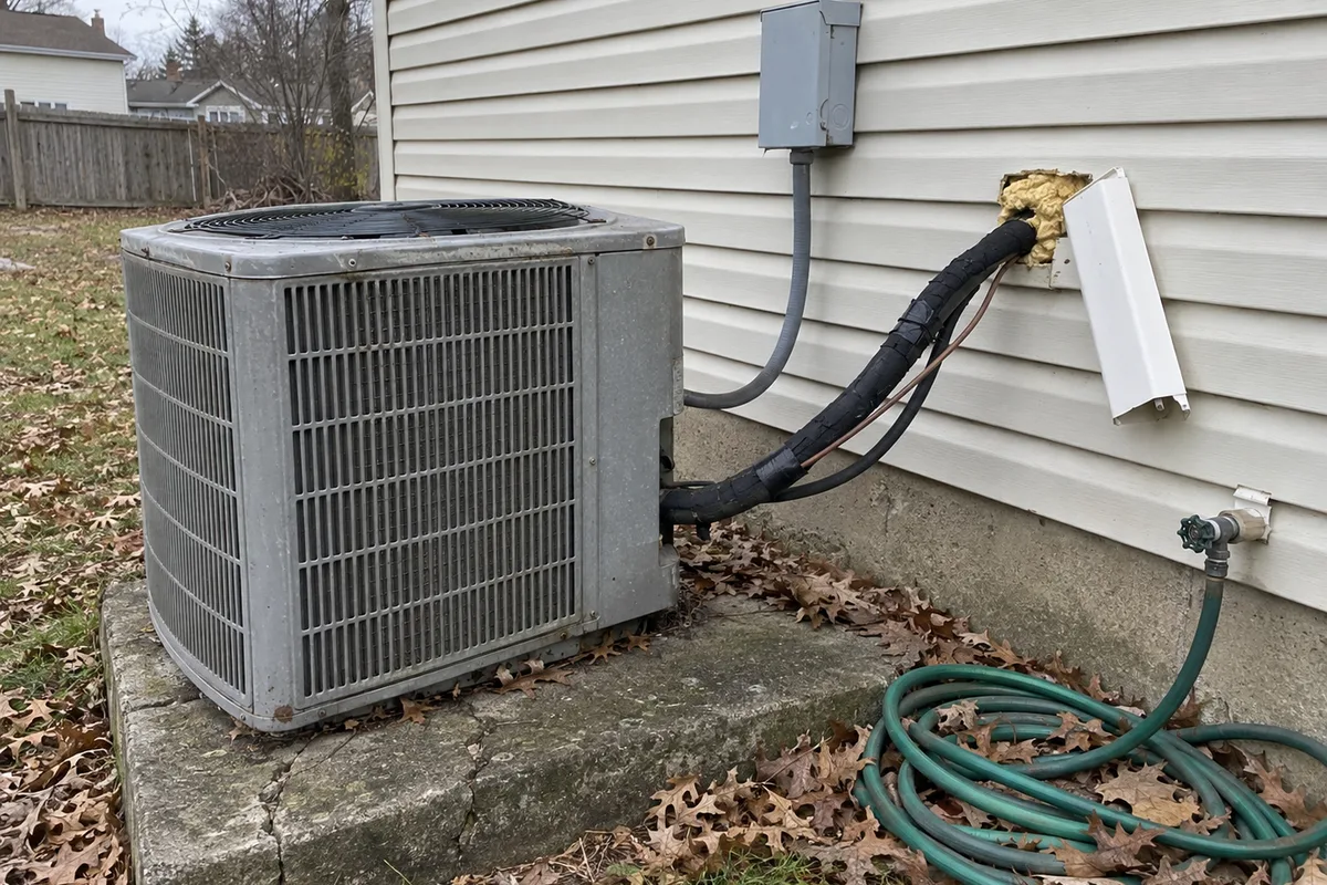 A refrigerant line set entering the side of a house next to an outdoor condensing unit, the suction line insulation split and sun faded, copper stubbed through a hole sealed with foam, a partly attached plastic line set cover hanging loose.