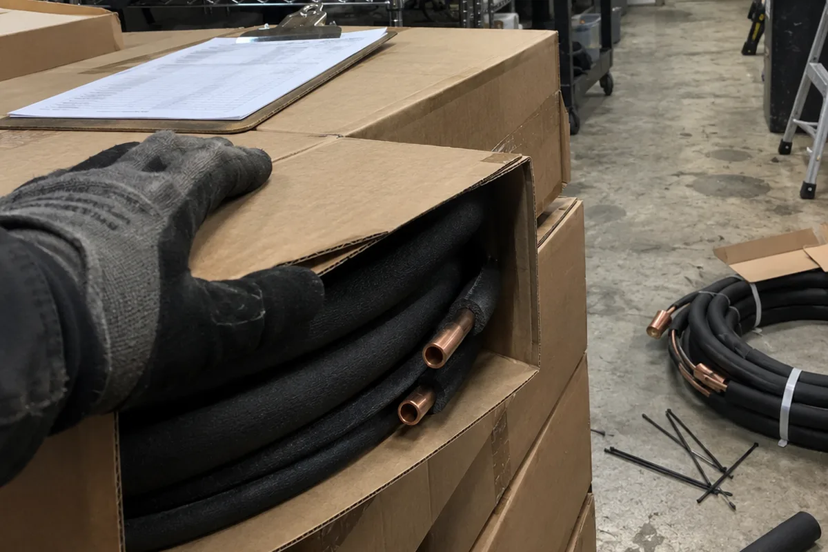A gloved hand on an opened box of insulated copper lineset coils in a contractor's supply room, with a clipboard price sheet on the boxes and another coil on the concrete floor.