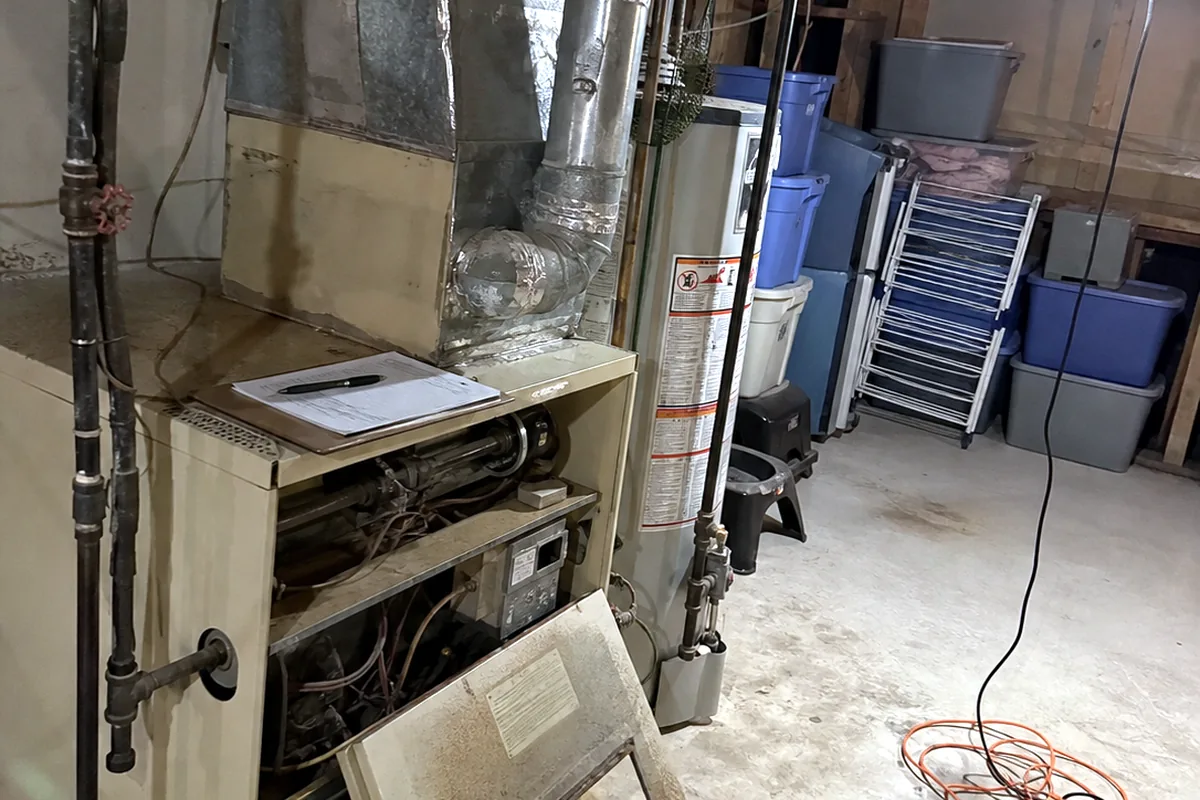 An aging gas furnace in a cramped unfinished basement with its lower panel removed and a work light clipped to a joist.
