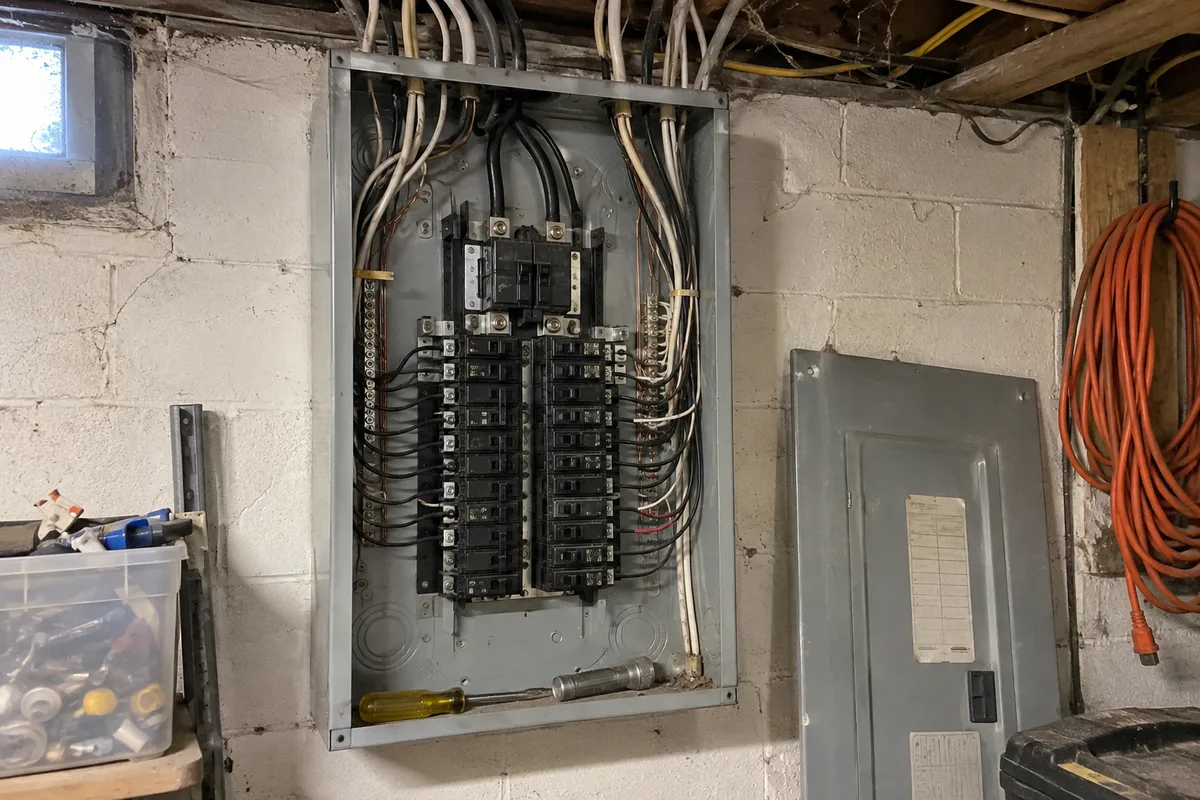 An open residential electrical panel on a painted concrete block basement wall, its grey deadfront cover removed and leaning against the wall to the right, two rows of black breaker handles inside with a double pole main at the top and white and black cables curving up out of the can into dusty floor joists, a yellow handled screwdriver and a scuffed aluminum flashlight lying on the bottom lip of the open panel, a plastic bin of loose hardware on the floor at the left edge and a coiled orange extension cord hanging at the right, under flat basement light.