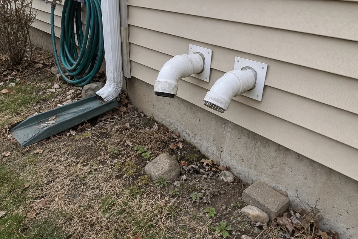 A pair of white PVC vent pipes coming through the beige vinyl siding on the side wall of a house about a foot above the dirt, both elbows turned outward and slightly down, a coiled garden hose and a downspout nearby, dead grass and a few loose stones along the foundation.