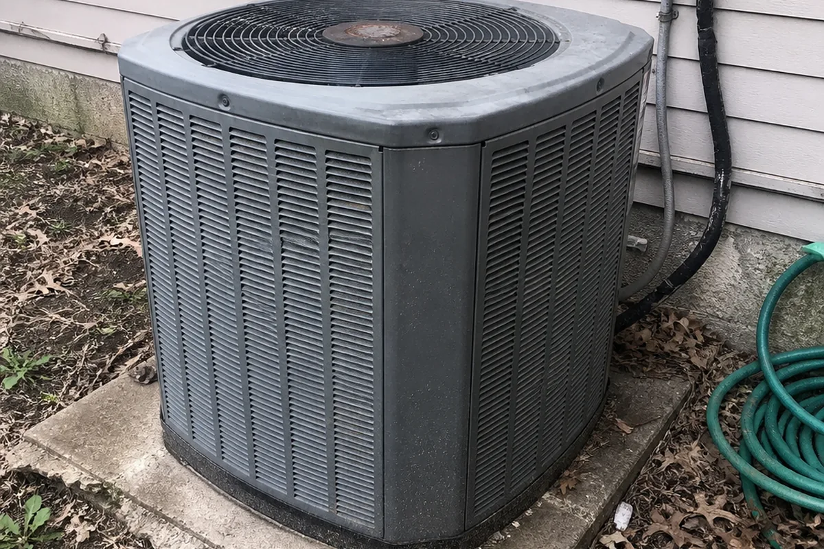 An outdoor HVAC condenser unit beside a house, refrigerant line set and disconnect box visible, yard clutter around the pad.
