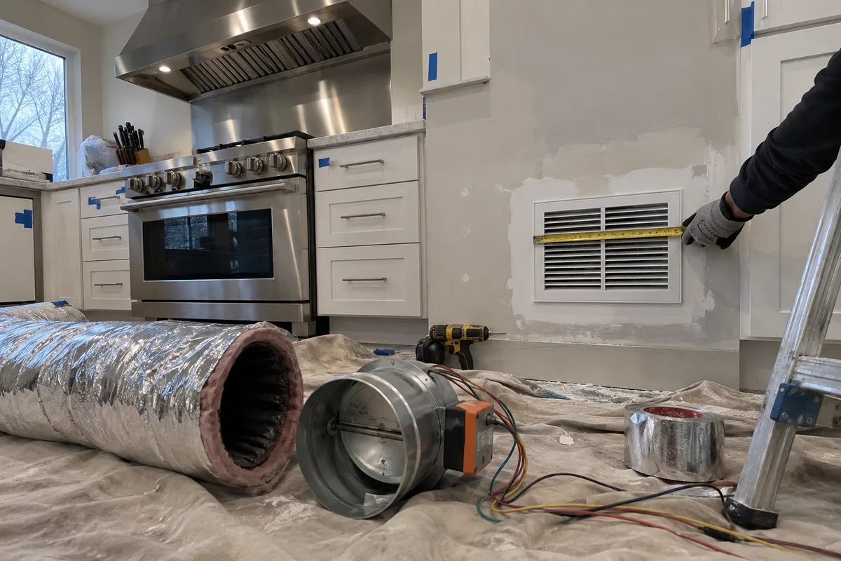 A kitchen mid-remodel seen from floor level, a stainless steel wall-mount range hood over a gas range, a new white supply grille in a fresh drywall patch with a gloved hand stretching a tape measure across it, and in the foreground a length of insulated flex duct and a round motorized damper with loose control wires on a dusty drop cloth, beside a cordless drill, a roll of foil tape, and an aluminum stepladder.