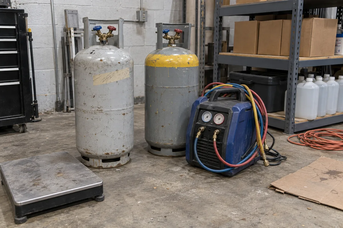 Two scuffed refrigerant recovery cylinders standing on a concrete shop floor against a cinder block wall, one plain grey with a strip of tape stuck to it and one banded in yellow, beside a recovery machine with its red and blue hoses coiled over the handle, a low platform scale on the floor and a shelving rack of boxes and jugs behind them.