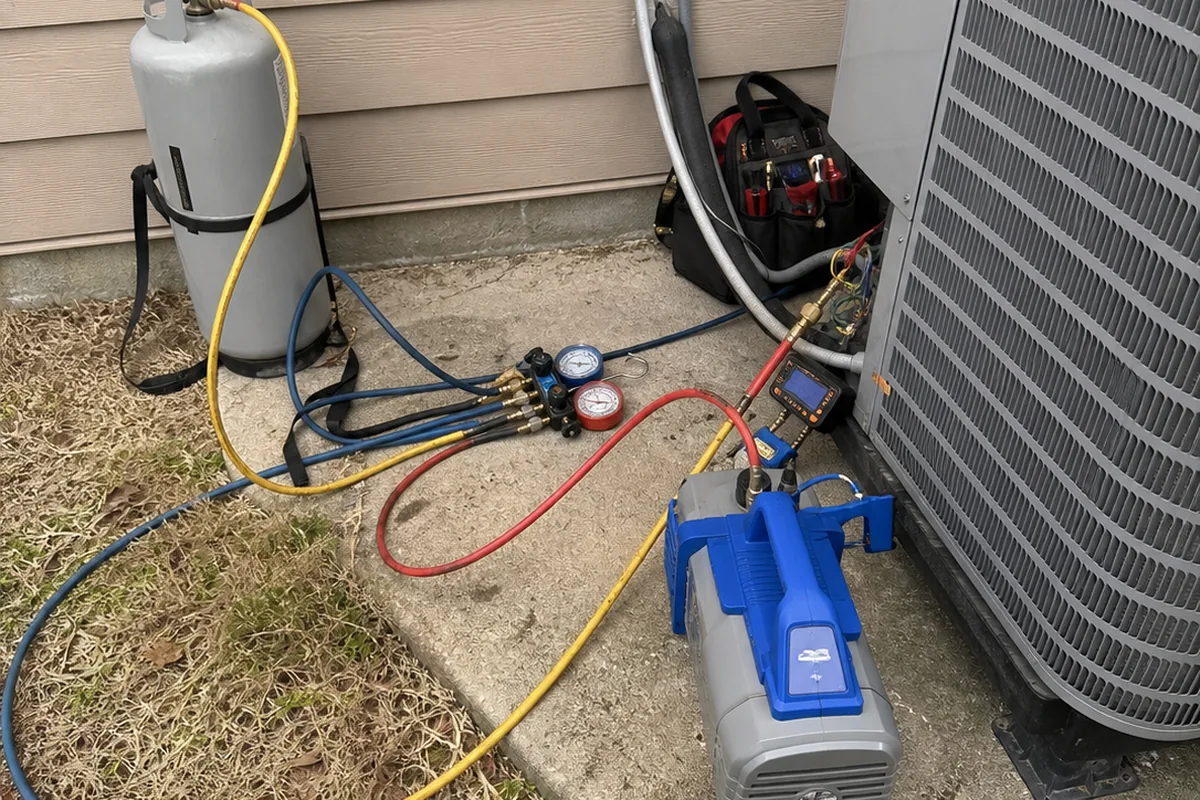 A vacuum pump and an upright recovery cylinder on a concrete pad beside an outdoor condensing unit, linked by coloured hoses to a manifold gauge set, with a tool bag open behind them.