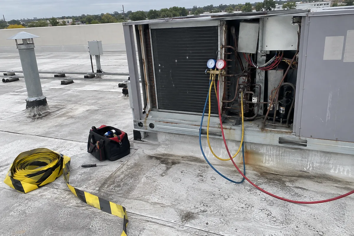 A rooftop package unit on a flat commercial roof with its side access panel open, manifold gauges hooked to the service ports and a coiled length of yellow warning-line tape resting on the membrane nearby, the roof edge visible in the distance under flat overcast daylight.