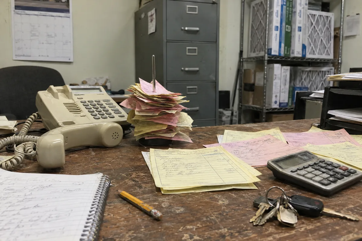 A small HVAC contractor's office desk with nobody at it, a corded desk phone with the handset lying off its cradle, a spike holding a thick stack of handwritten pink call slips, loose carbon copy work orders fanned across scratched wood, a spiral notebook, a cheap calculator and a ring of truck keys, with a dented grey filing cabinet and a rack of boxed pleated filters behind under flat fluorescent light.