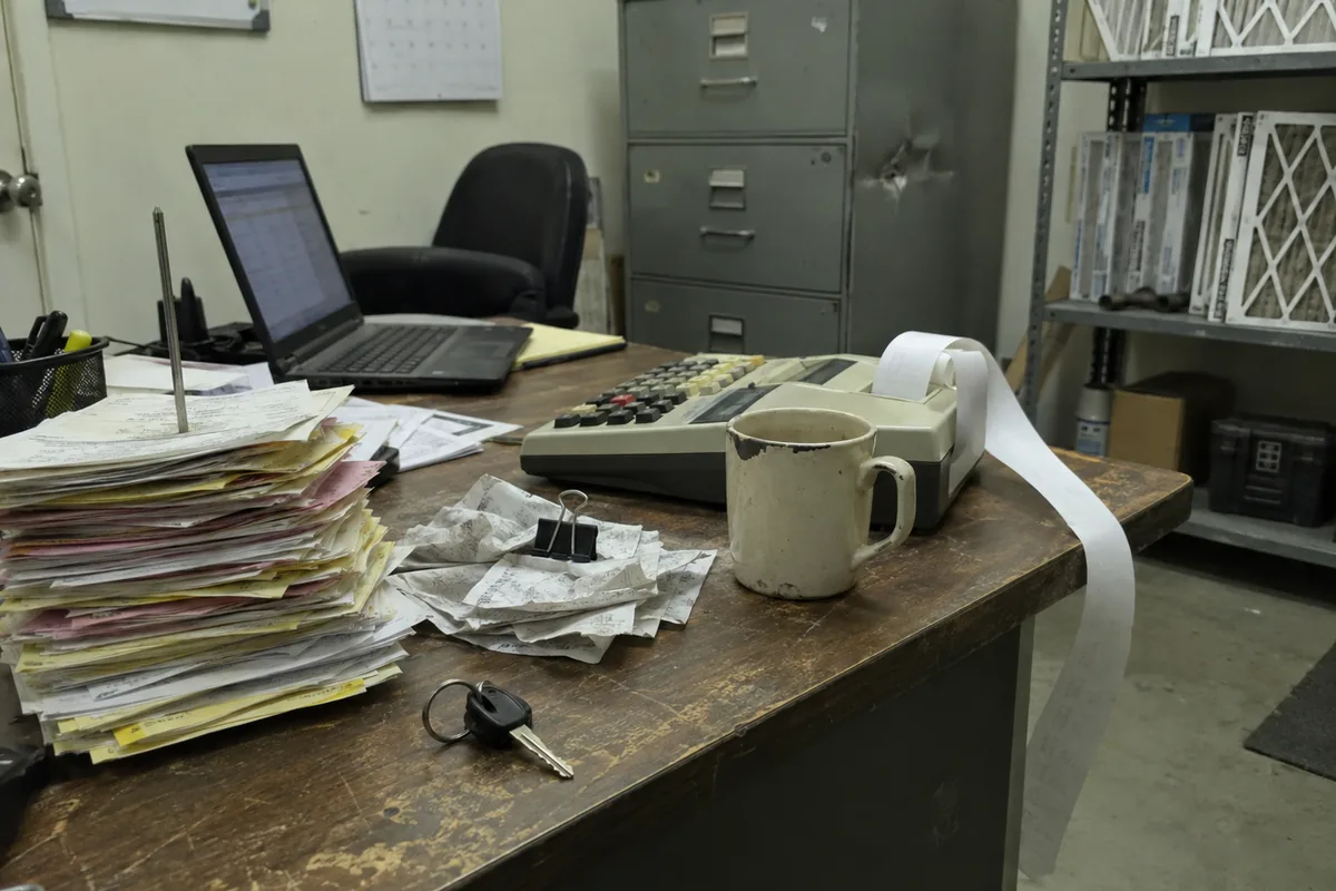 The corner of a small HVAC contractor's back office desk with nobody at it: a thick stack of carbon copy invoices impaled on a metal receipt spike, a scatter of crumpled receipts under a black binder clip, a truck key on a ring, a beige desktop adding machine with its paper tape curling off the edge of the scratched wooden desk, and a stained coffee mug, with a laptop angled away showing an out of focus spreadsheet grid, an empty office chair, a dented grey filing cabinet and a rack of boxed pleated filters behind under flat fluorescent light.