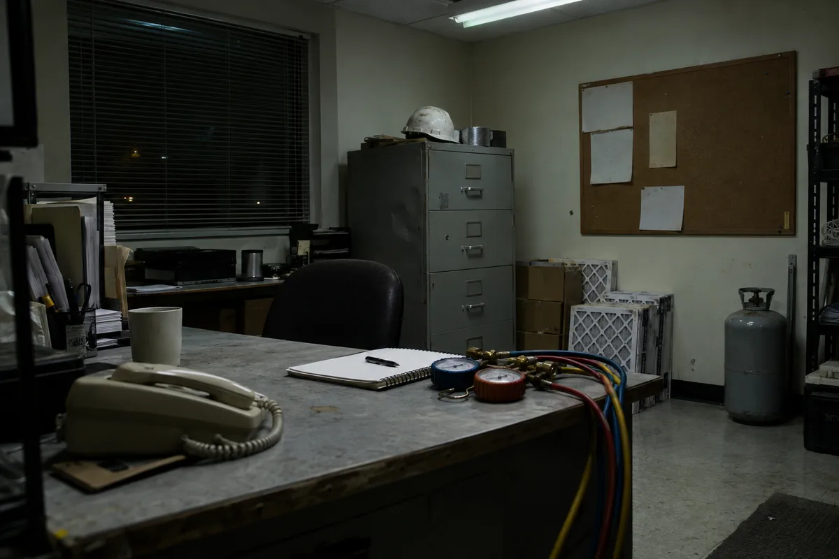 An empty HVAC shop back office at night, a corded desk phone and an open spiral notebook on a worn laminate counter next to a gauge manifold set with its red, blue and yellow hoses trailing off the edge, a scuffed hard hat on a gray filing cabinet, stacked boxes of pleated filters and a recovery cylinder along the back wall, a cork board of blank papers, lit by one overhead fluorescent tube with night behind the blinds.