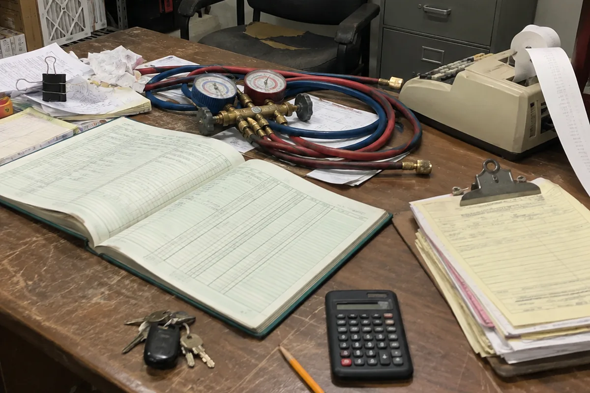 A small HVAC contractor's back office desk with nobody at it, a green columnar ledger book lying open across the scratched wood, a refrigerant manifold gauge set with coiled red and blue hoses resting on loose paperwork behind it, a clipboard holding a thick stack of yellow and pink carbon copy work orders, a cheap calculator and a pencil, a ring of truck keys, and a beige adding machine with its paper tape curling off the desk, with an empty torn office chair, a dented grey filing cabinet and a rack of boxed pleated filters behind under flat fluorescent light.