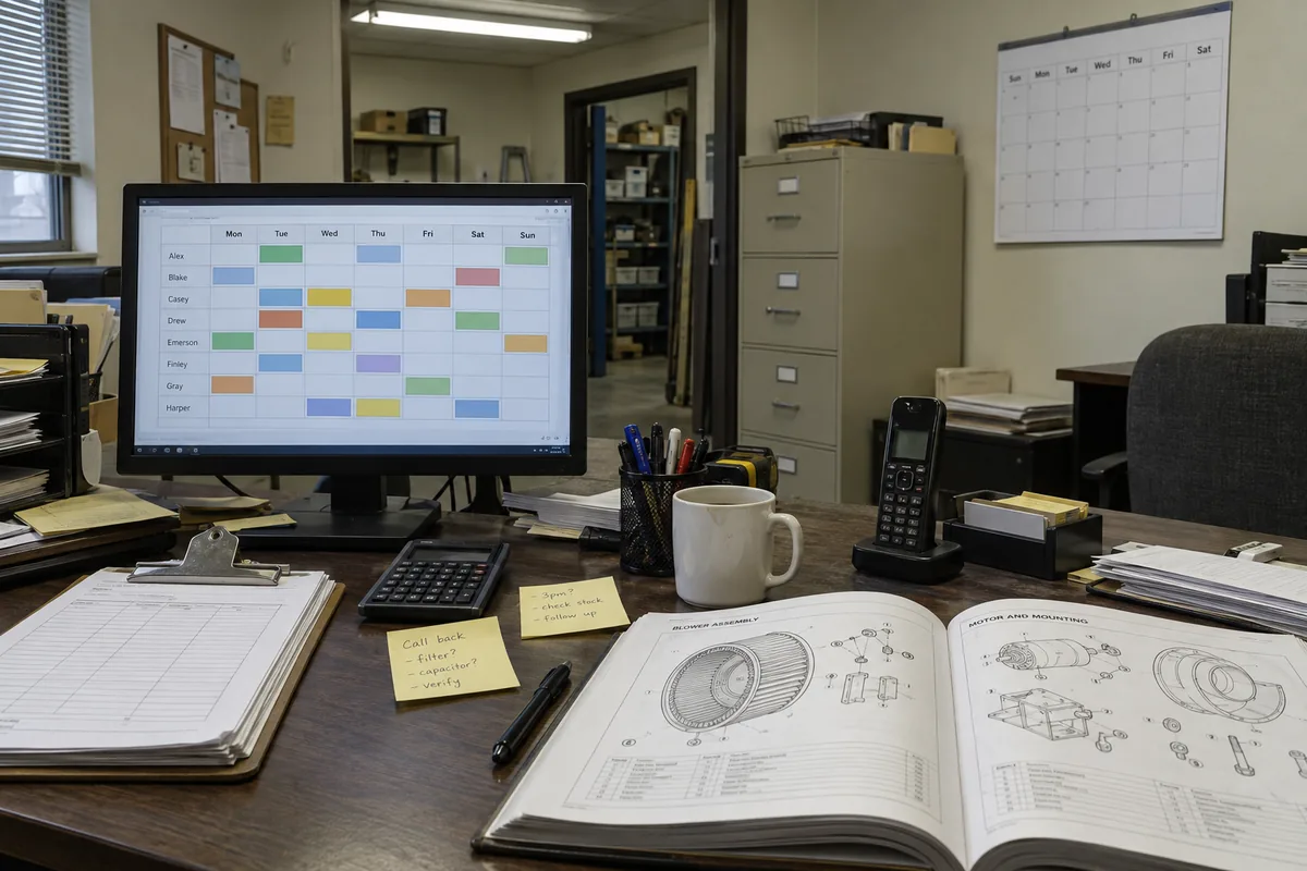 A cluttered contractor back office desk with a monitor showing a weekly scheduling grid of technician names and colored job blocks, an open parts catalog of blower assembly drawings, a clipboard of work orders, a calculator, handwritten sticky notes, a cordless phone and a coffee mug, with a beige file cabinet and parts shelving behind under overhead fluorescent light.