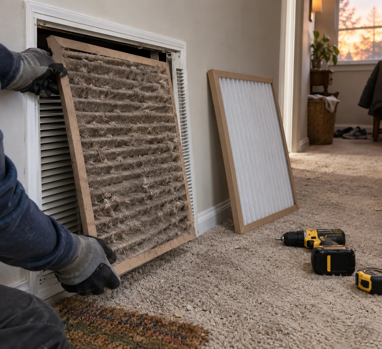 Gloved hands pulling a dust-loaded pleated filter out of a wall return grille, with a new filter leaning on the baseboard and a cordless drill on the carpet.