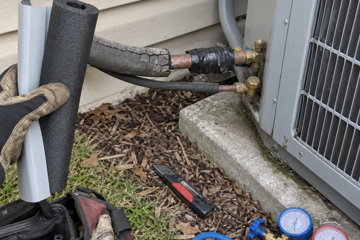 Beside a gray residential condenser on a concrete pad against beige vinyl siding, the suction line's black foam insulation is sun cracked and chalky, ending short of the brass service valve with bare copper and a wrap of black electrical tape over the joint, while a gloved hand holds a new length of foam insulation and a gray plastic line set cover, with a manifold gauge set, a utility knife, and an open tool bag on the mulch and grass below.