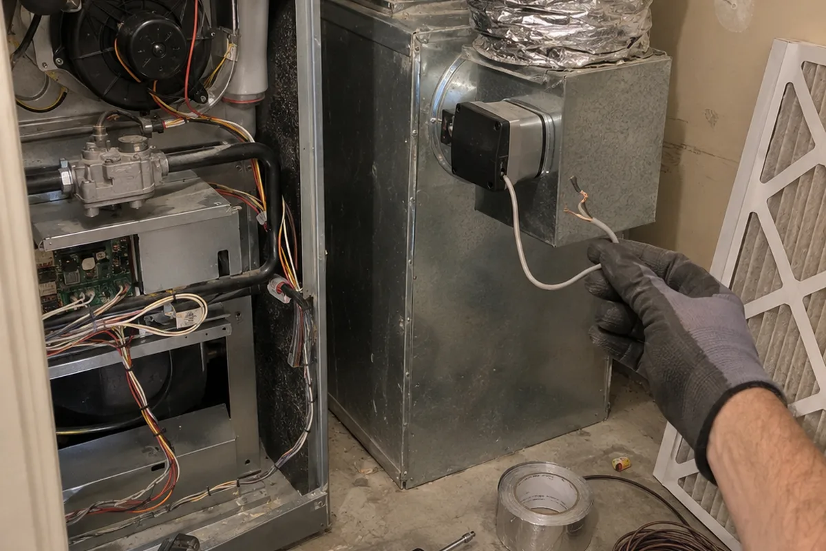 A gas furnace with its front panel off in a cramped utility closet beside a sheet metal return box, a silver insulated outdoor air flex duct entering the return through a small black motorized damper, a gloved hand holding the damper's disconnected gray low-voltage wire with bare copper ends, a pleated filter leaning on the wall, and a roll of foil tape and a coil of thermostat wire on the concrete floor.
