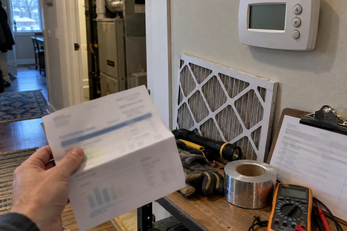 A hand holding a folded utility statement with blurred print in a hallway, a white wall thermostat above a furnace filter, flashlight, work gloves, foil tape, a multimeter and a clipboard on a shelf, a gas furnace visible through a doorway in daylight.