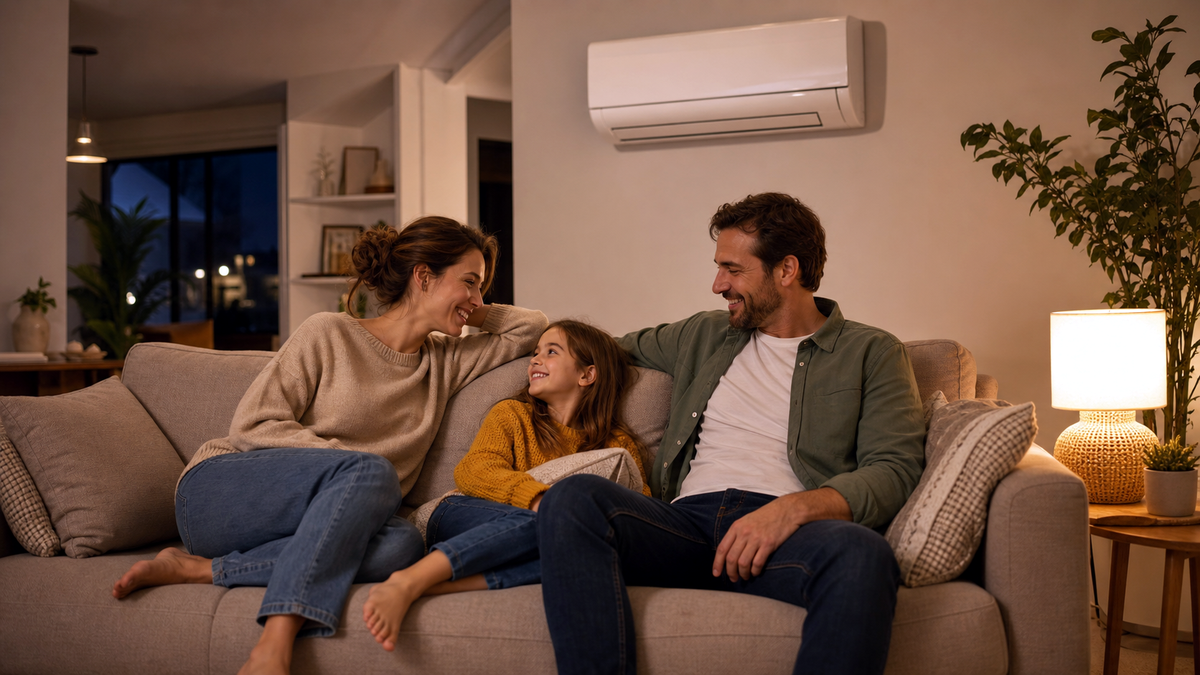 A family relaxing at home beneath a wall-mounted mini-split.