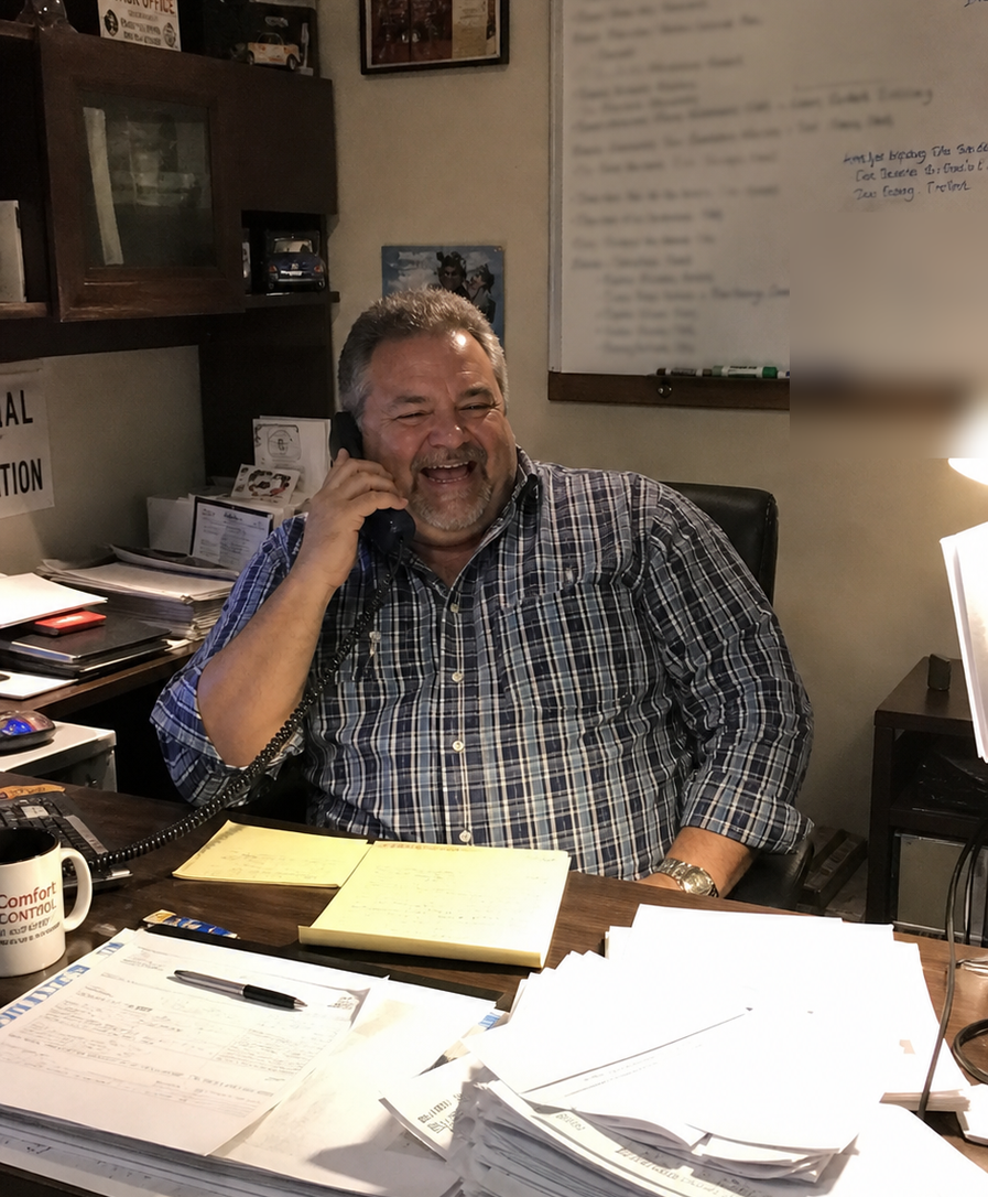 An HVAC shop owner laughing on a phone call at his desk in the evening.