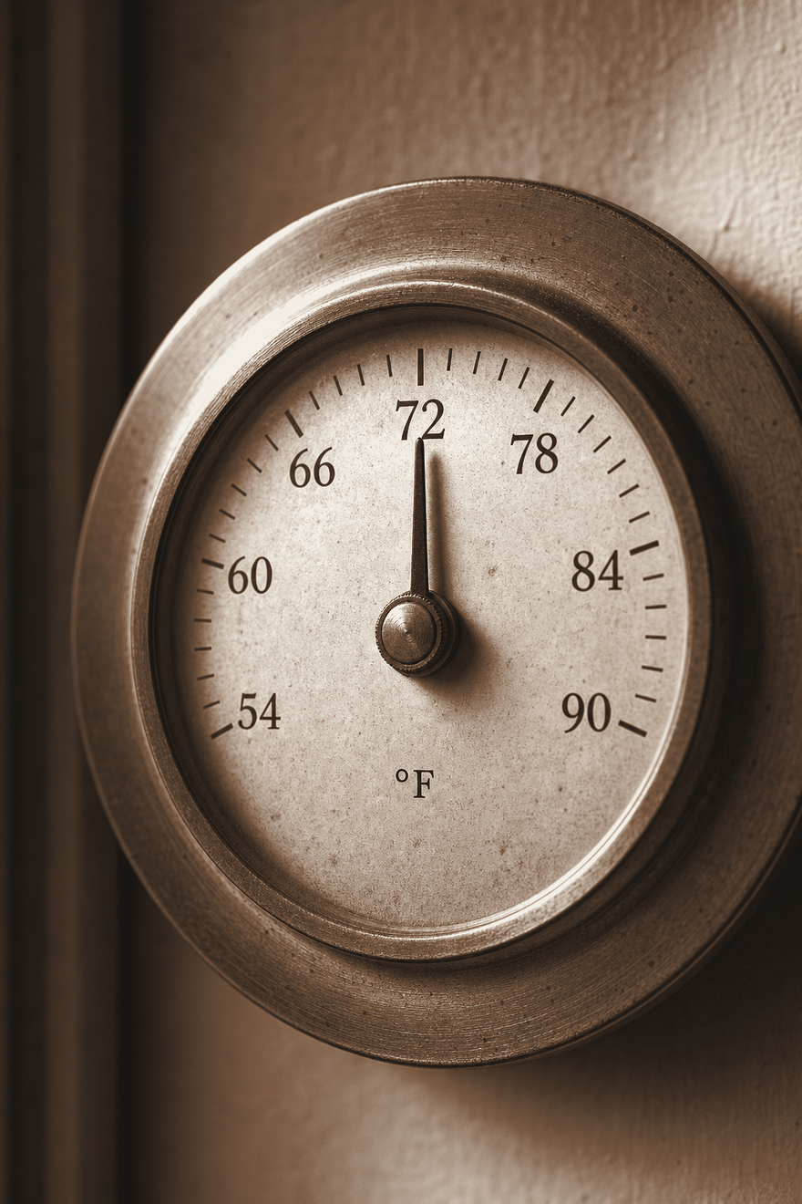 A round analog thermostat dial with the needle pointing at 72 degrees.