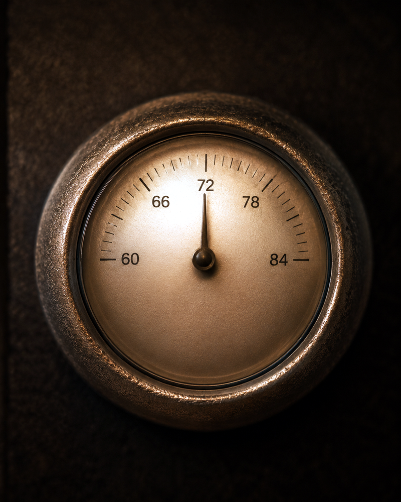 A brass thermostat dial pointing at 72 degrees.